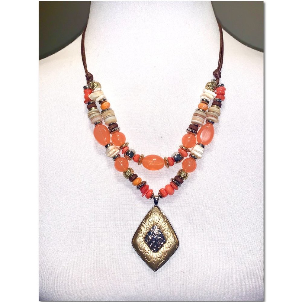 Chico's Reversible Pendant Coral Beaded Statement Necklace Salsa Tango NWT